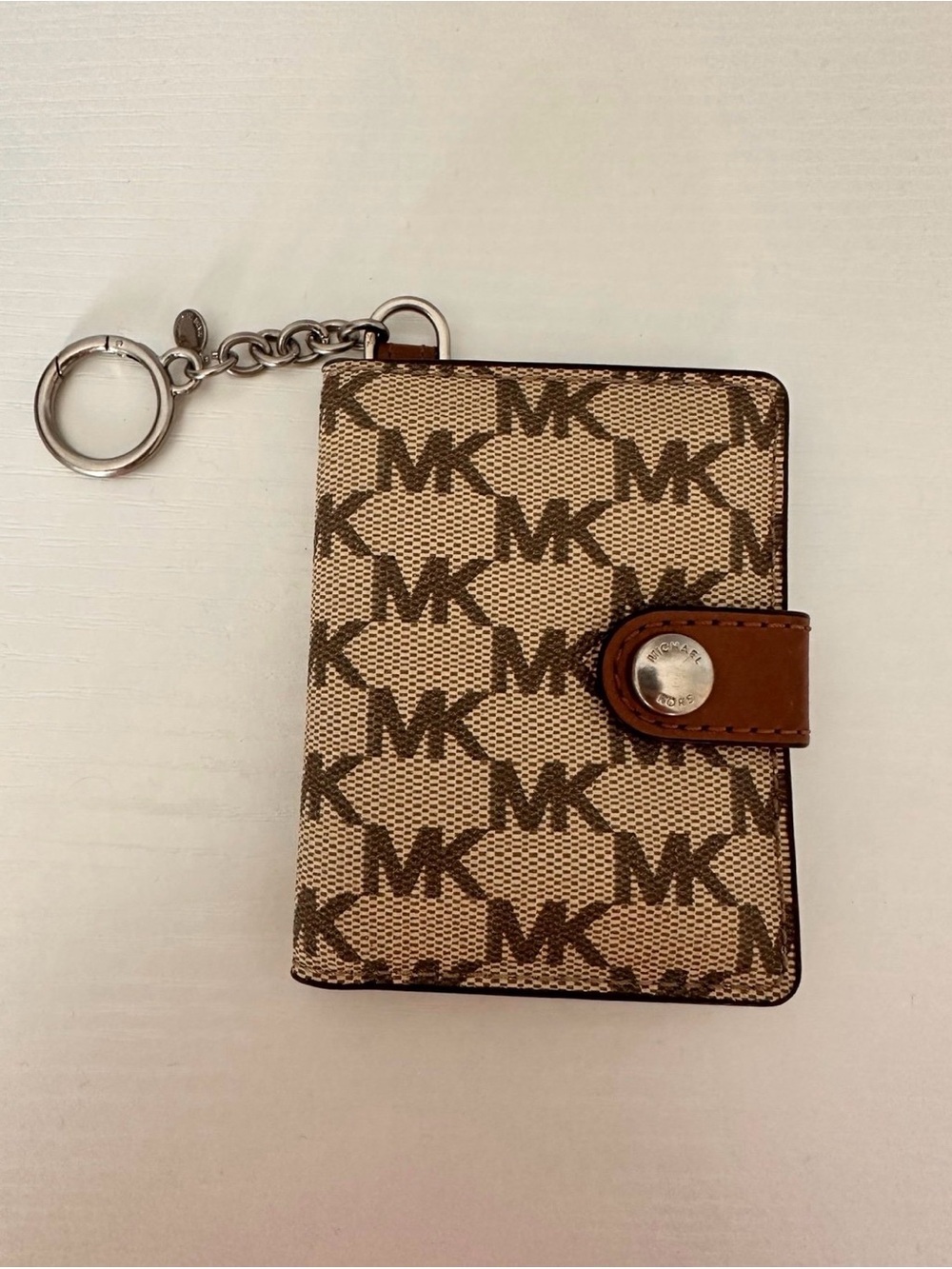 Michael Kors Tan Brown MK Monogram Key Card Holder with Keyring